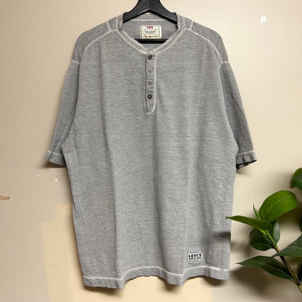 Vintage 90s Levis Grey Waffle Knit Henley Thermal Short Sleeve Shirt XL